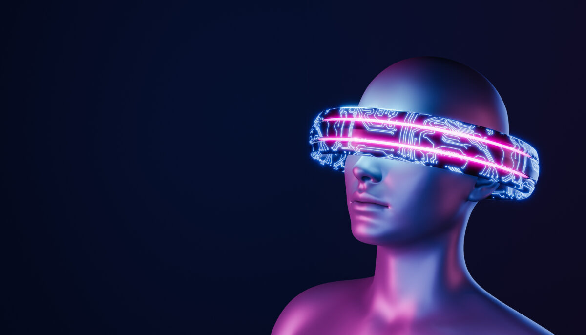 3d girl with futuristic VR glasses